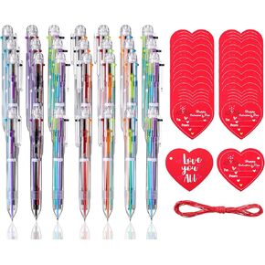 28 Pcs Multicolor Ballpoint Pen 28 Pcs Kids Valentines Gift Cards with Valentines Hearts 1 Pcs String 0.5 mm 6 Colors Retractable Fun Pens Heart Valentines Cards with Hole for School Party Favors