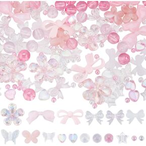 SUNNYCLUE 300Pcs 17 Styles Assorted Acrylic Beads Butterfly Heart Bead Bulk Pink Candy Color Pastel Plastic Flower Star Bow Round Beads for Bracelets Jewelry Making Necklace DIY Crafts Accessories