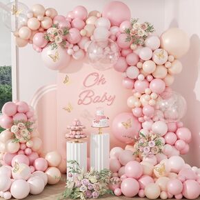 119pcs Pink Balloon Arch Garland Kit, Pink and White Balloon Arch Kit with Pink Light Pink Nude Balloons for Bridal Shower Gender Reveal Baby Shower Birthday Party Decorations