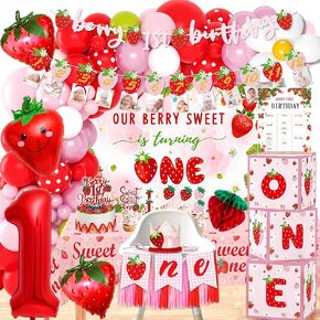 Berry First Birthday Decor Strawberry 1st Birthday Decorations for Girls, Sweet One Birthday Party Decorations Kit Cake Topper High Chair Banner Strawberry Theme Backdrop Party Decor
