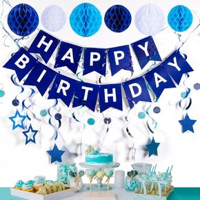 Happy Birthday Banner Blue, 6 Honeycomb Balls, 8 Metallic Hanging Swirls and Circle Parper Garland, Happy Birthday Decorations Backdrop