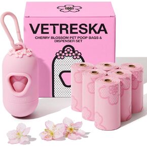 VETRESKA Cherry Blossom Scented Dog Poop Bags, Leak Proof, Extra Thick and Large Dog Waste Bags for Dog Walking and Cat Litter, 20 Refill Rolls, 300 Bags, Pink