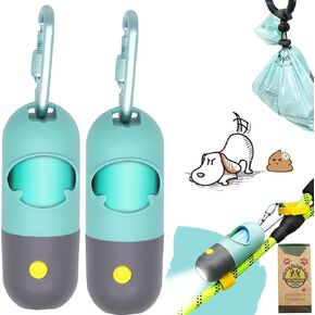Dog Poop Waste Bags Holder with LED Flashlight|Cute Doggie Poo Bags Dispenser for Pet Leash|Trash Waste Bags Carrier with Potty Bags Clip Fastener LR44 Button Cells Included(2 Pack) (Sky Blue)