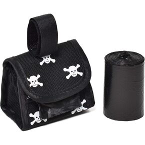 Black Skull Dog Poop Bag Dispenser – Durable Fabric Waste Bag Holder with Strap for Leash – 2 Rolls of Large Doggy Bags Made in USA – Includes 30 Bags
