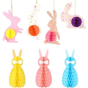 7pcs Easter Honeycomb Decoration, Cute Easter Banner Bunny Honeycomb Balls Set Easter Honeycomb Hanging Ornaments Rabbit Easter Honeycomb Table Centerpieces for Easter Party Bunny Theme Party Decor