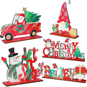 NEROSUN 5 PCS Christmas Table Centerpiece Decorations, Wooden Xmas Snowman Santa Claus Gnome Table Decorations Signs, Merry Christmas Table Toppers for Holiday Home Party Indoor Decor (Red)