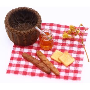 Miniature Dollhouse Bread Basket Kit,Miniature Food Dollhouse Accessories Set,1:12 Scale Bread Honey Basket Picnic Cloth Flowers Models