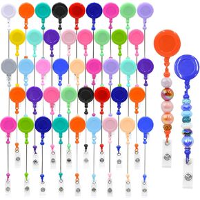 50pcs Beadable Badge Reels Making Kits - Beaded Blank Bars Bulk - Retractable Badge Reel with Belt Clip for ID Name DIY Gift Beadable Items for Nurses, Teachers, Students, Office, Workers (Colorful)