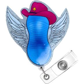 Flying Cowgirl Peanut Ball Badge Reel | Funny Cute Blue Pink Cow Girl Retractable Holder for NICU Labor and Delivery Mother Baby Nurse Neonatal RN OB L&D Nursery Postpartum Gifts Accessories