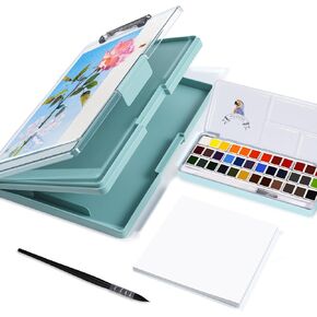 MeiLiang Travel Watercolor Paint Set, Watercolor Set Includes 48 Colors Solid Watercolors + 7.5x7.5 inch 100% Cotton Watercolor Paper(20 Sheets)+ Grey Double Layer Organizer