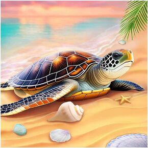 PFFNGPEN Diamond Painting Kits for Adults, 5D DIY Turtles Diamond Art Kits for Beginners, Full Drill Round Diamond Art for Home Wall Decor, Beach, 12x12 inch