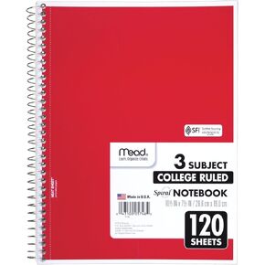 Mead Spiral Notebook, 3 Subject, Wide Ruled Paper, 120 Sheets, 10-1/2" x 8", Color Selected For You, 1 Count (05746)