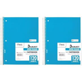 Mead Spiral Notebook, 3 Subject, Wide Ruled Paper, 120 Sheets, 10-1/2" x 8", Color Selected For You, 1 Count (05746)