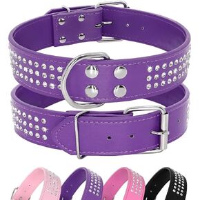 Rhinestones Dog Collar - 1.5" Width Leather Made with Sparkly Crystal Diamonds Studded - Shining Pet Appearance for Medium & Large Dog Walking,17"-20",Purple