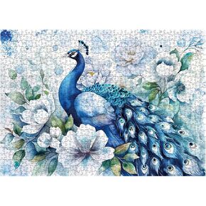 Blue Peacock Puzzles Flower Puzzle for Adults 1000 Pieces, Beautiful Bird Art Jigsaw Puzzles 1000 Pieces Nature Puzzle, Fantasy Green Peacock Painting Puzzle