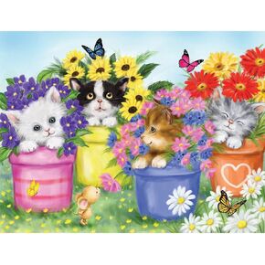 Bits and Pieces - 200 Piece Large Piece Family Jigsaw Puzzle for Adults & Kids - 15" x 19" - Cats in Flower Pots - 200 pc Kitten Colorful Bloom Butterfly Sweet Cute Garden Jigsaw by Makiko