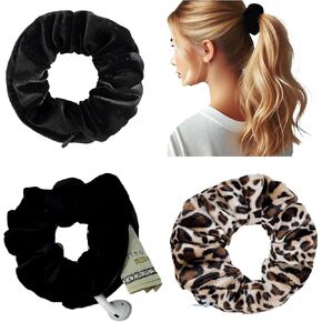 Secret Diversions Safe Scrunchie with Zipper Pocket - Hidden Compartment Pocket Hair Tie for Valuables,3 Pack Velvet Stash Scrunchie Disguise container for Cash, Keys, Travel Pill Box and Everyday Use