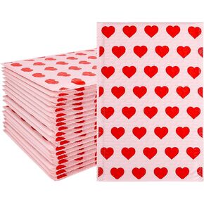 Whaline 50Pcs Valentine Bubble Mailers Red Heart Poly Padded Envelope Self Seal Mailer Bag For Small Business Boutique Packaging Mailing Makeup Clothes Document, 6 x 9 Inch