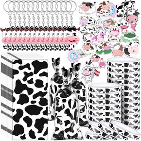 Chunful 148 Pcs Cow Party Favors Supplies Include Cute Keychain Print Gift Bag Elastic Cow Silicone Bracelets Animal Stickers for Kids Girl Shower Birthday(White)