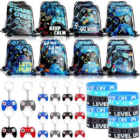 48pcs Video Game Party Supplies Blue Black Video Game Party Goodie Bags Bulk with Drawstring Bracelets,Video Game Controller Keychains Bracelets Wristbands for Boys Girls Kids Men Women Gamer Birthday