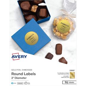 Avery Printable Embossed Foil Round Labels, 2" Diameter, Gold, 96 Customizable Labels (22831)