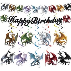 Pre-assembled Dragon Birthday Party Decorations Dragon Themed Decor Dragon Party Favors Dragon Theme Birthday Decorations for Wall Door Window Ceiling Dragon Banners and Hanging Ceiling
