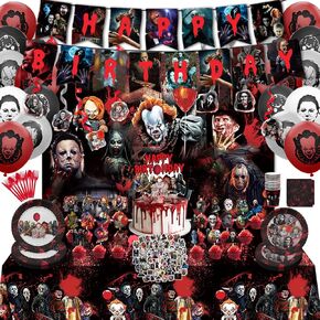 Horror Party Decorations - 185Pcs Halloween Birthday Party Decorations Include Banner Backdrop Balloon Cake Toppers Tableware Serves 10 Guests
