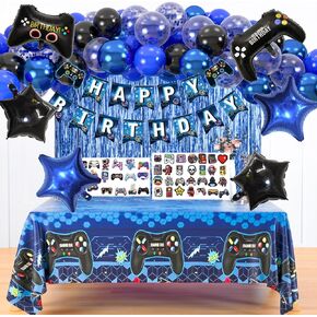 184pcs Video Game Birthday Party Decorations for Boys, Gamer Birthday Party Favors with Happy Birthday Banner, Curtains Backdrop, Tablecloth, Balloons, Foil Gaming Balloons, Stickers(Blue）