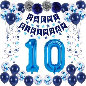 17th Blue Birthday Party Decorations for Boy Girl Men Women, Happy 17 Birthday Balloons Supplies with Happy Birthday Banner,17 Number Balloons, Blue Star Streamers, Hanging Swirls