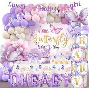 Butterfly Baby Shower Decorations, Baby Girl Shower Decorations A Little Butterfly Is On The Way Backdrop Sash Tablecloth Cake Toppers Stickers Pink Purple Balloons Baby Boxes Baby Shower Girl Decor