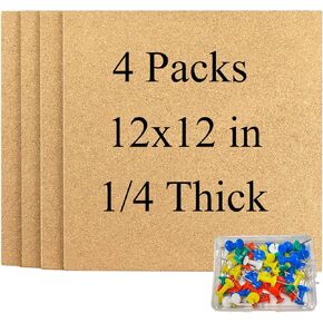 Cork Square Board for Walls, 6 Packs 12"x12" 1/4" Thick Cork Bulletin Board Self Adhesive Cork Board Tiles with 50 Pushpins for Home Office Kitchen School (6, 12 * 12 inch)