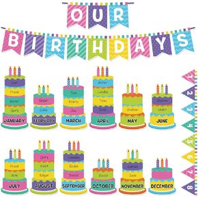127 Pcs Birthday Graph Bulletin Board Set Colorful Happy Birthday Bulletin Board Decorations Classroom Chart Calendar Cutout(Classic,Vivid Color)