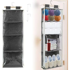Hanging Yarn Storage with 4 Large Pockets, Multi Functional Storage Bag, Clear Knitting Organizer Storage with Zippers for Crochet Lovers, Hanging Yarn Holder with Over-Door Hooks (khaki)