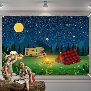 Remerry Camping Backdrop Fake Campfire Decoration Camper Birthday Party Banner Happy Camper Supplies Background for Camping Classroom Party Decorations Photo Background (70.8 x 43.3 Inch)