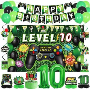 Vlipoeasn Green 10th Birthday Decorations for Boys, Video Game Level 10 Banner Backdrop Honeycomb Centerpieces Hanging Swirls for 10th Birthday Party, Gamer 10 Years Old Party Supplies