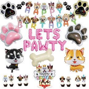 Lets Pawty Girl Dog Birthday Decorations - Pawty Puppy Happy Birthday Banner, Dog & Paw Print Balloons, Cake Toppers