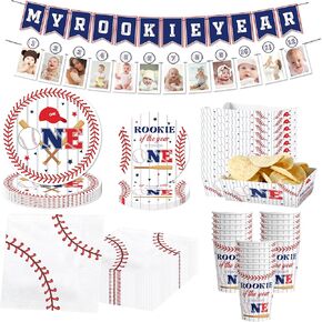 Baseball 1st birthday party decorations boy - my rookie year banner,Birthday Monthly Photo Banner,Plate, Cup, Napkin,Boats Paper Serving Tray, Baseball First Birthday Party Supplies,Serve 24