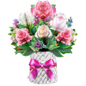Peony Vase Big Pop Up ، بطاقات تحية باقة من زهرة الورق البالغة بحجم 13 بوصة مع بطاقة ومغلف فارغة