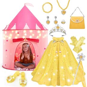 WTOR 15Pcs Princess Castle Play Tent Dress Up with LED Glow in The Dark Stars for Little Girls－Princess Dress Up Cape with Crown,Girl Play Tent/House Toy for Indoor & Outdoor Use (Pink)