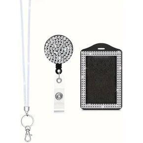Fashion 3 in 1 Set 34.8'' Sparkle All Round Strap Crystal Neck Lanyard,Exclusive Bling Work Name Card Holder,Retractable Rhinestone Cellphone Necklace ID Badge Reel Clip for Women (Black)