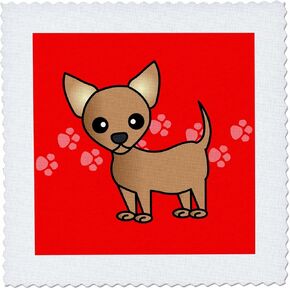 3dRose qs_12073_4 Cute Tan Chihuahua Red Pawprint Background Quilt Square, 12 by 12-Inch