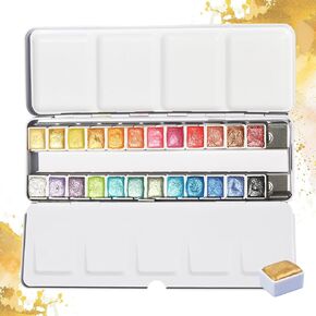 Handmade Metallic Watercolor Paints Set for Adult Artists, 36 Glitter Solid Water Color Paint 2ml Half Pans Metal Case Sparkle Pearlescent Watercolour Painting Set Art Supplies