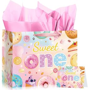 Donut Birthday Gift Bag Sweet Donut Happy Birthday Gift Bag with Card and Tissue Paper Sweet Donut Ice Cream Gift Wrapping Bag Donut Treat Goodie Bag for Boys Girls Baby Shower Birthday Party Supplies