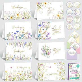 Decorably 24 Pack Gold Foiled 6x4in Wildflower Thank You Cards with Envelopes and Stickers, 8 Wild Flower Designs, Blank Inside - Weddings, Bridal Shower