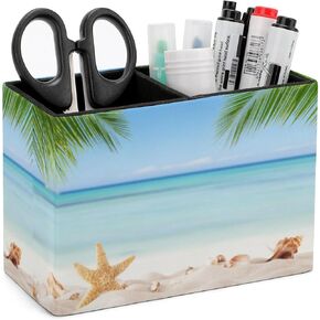 Pen Holder, Pencil Holder for Desk Organizer, Summer Sea Beach Ocean Starfish PU Leather Pencil Cups Desktop Stationery Storage Makeup Brush Holder Pen Organizer for Office Home