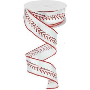 Baseball Stitching Wired Ribbon, White Red - 1.5 Inches x 10 Yards