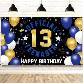 Vicycaty 13th Banner Banner Backdrop ، زخارف عيد ميلاد سعيدة للبنين ، النسيج 13 الرسمي في سن المراهقة حفلة عيد ميلاد ساحة لافتات الدعائم اللوازم ، الذهب الأزرق ، 6.1 قدم × 3.6 قدم