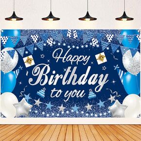 Happy Birthday Decorations Banner Sign,Blue Happy Birthday Backdrop,Birthday Party Supplies Photo Background for Men Women,59 x 39.4 Inch(Navy Blue and Silver)