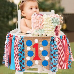 One Birthday Highchair Banner - Baby first Birthday Banner - Party Themed Pull Flag - Baby girl or boy 1st birthday party bunting garland decoration - Birthday Photo Booth Props - Dr Themed Birthday Party Decoration Banner