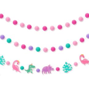 Kingdder 3 Pcs Pink Dinosaur Banner Party Decoration for Girls Pink Pom Pom Birthday Garland Felt Ball Banner Dinosaur Theme Holiday Hanging Garlands for Baby Shower Nursery Photo Prop Party Supplies